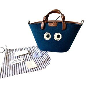 Anya Hindmarch Small Eyes Felt Tote Bag Leather Trimmed Dark Petrol Blue Brown